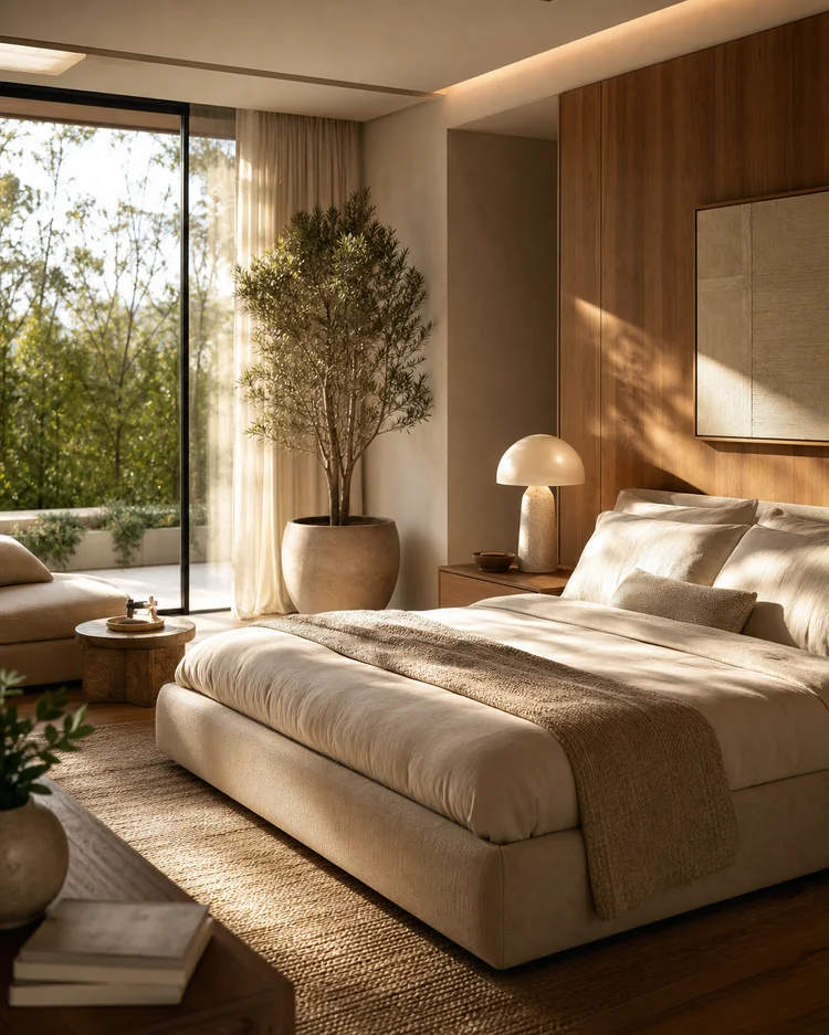 Vismuse interior concept with a sunlit bedroom and natural materials