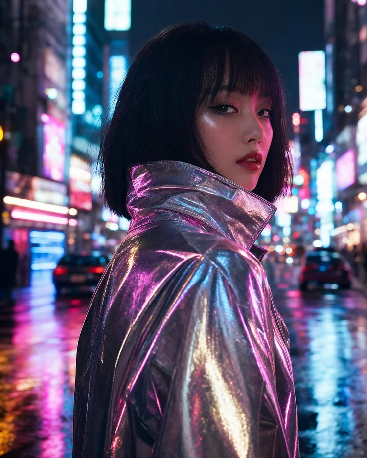 Vismuse portrait of a woman in a metallic jacket on a neon-lit street